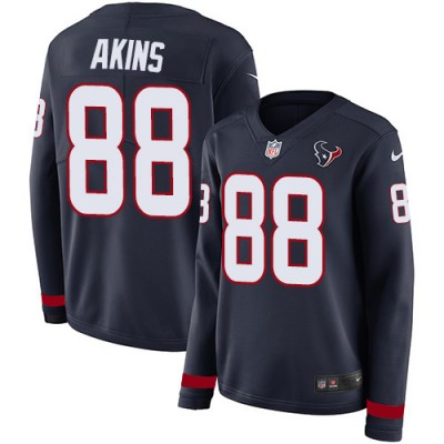 Nike Houston Texans #88 Jordan Akins Navy Blue Team Color Women's Stitched NFL Limited Therma Long Sleeve Jersey